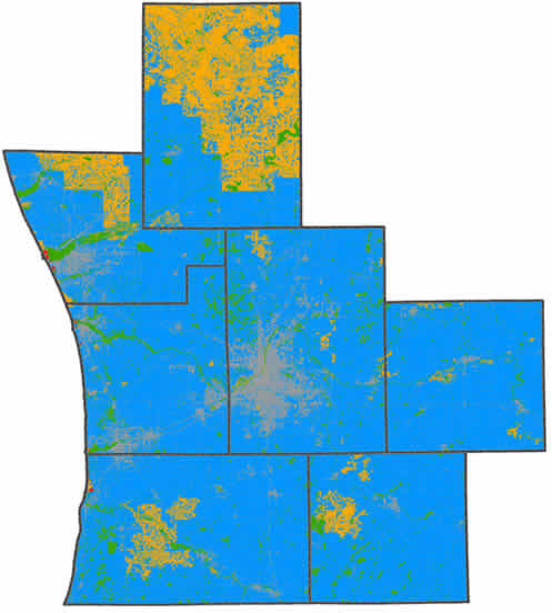 A GIS false-color satellite image of the relative value estimate for Green Infrastructure and its Associated Ecosystem Services in 7 counties in West Michigan.